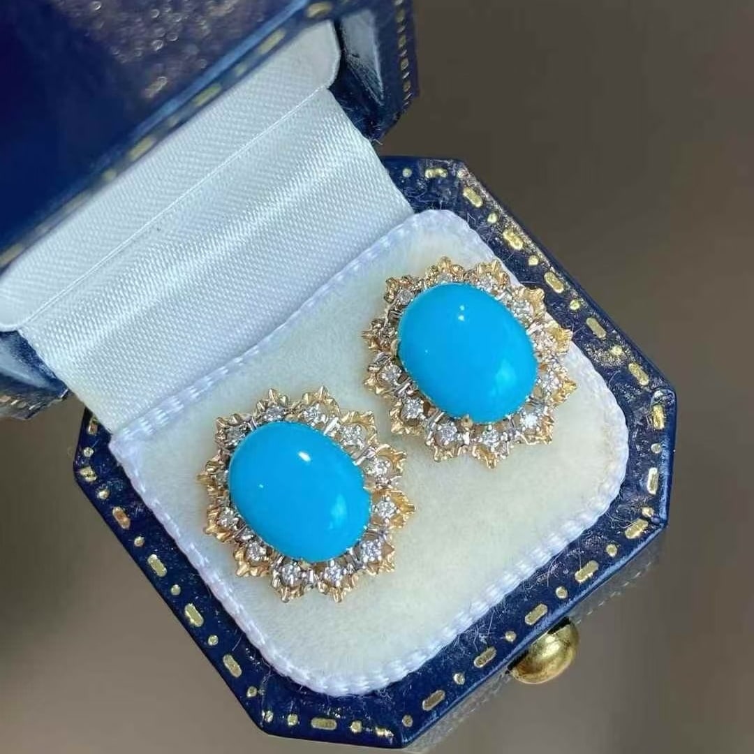 14k Gold 3.96 Ctw Natural Blue Turquoise & Diamond Earrings - 2