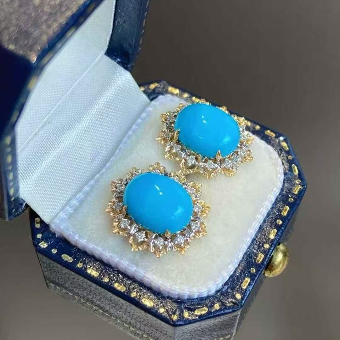 14k Gold 3.96 Ctw Natural Blue Turquoise & Diamond Earrings - 3