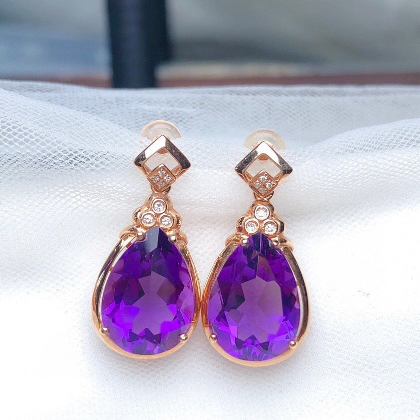 14k Gold 10.05 Ct Natural Amethyst & Diamond Earrings - 3