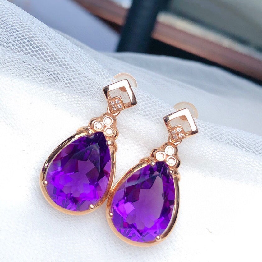 14k Gold 10.05 Ct Natural Amethyst & Diamond Earrings - 4