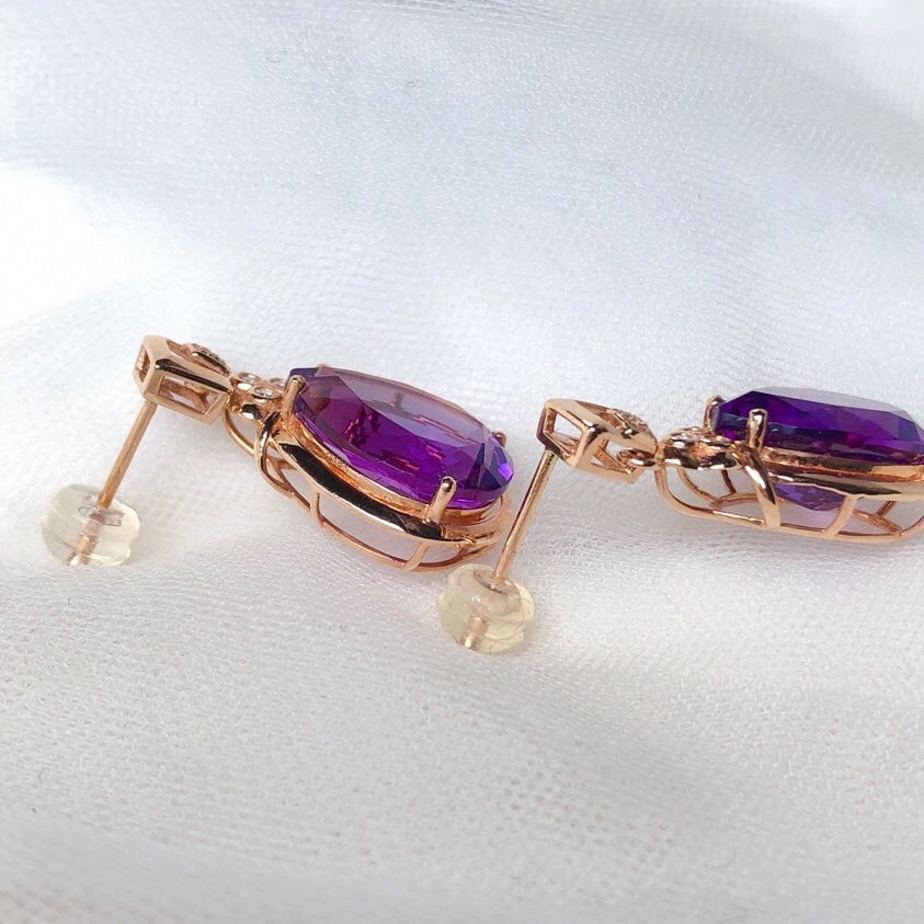 14k Gold 10.05 Ct Natural Amethyst & Diamond Earrings - 5