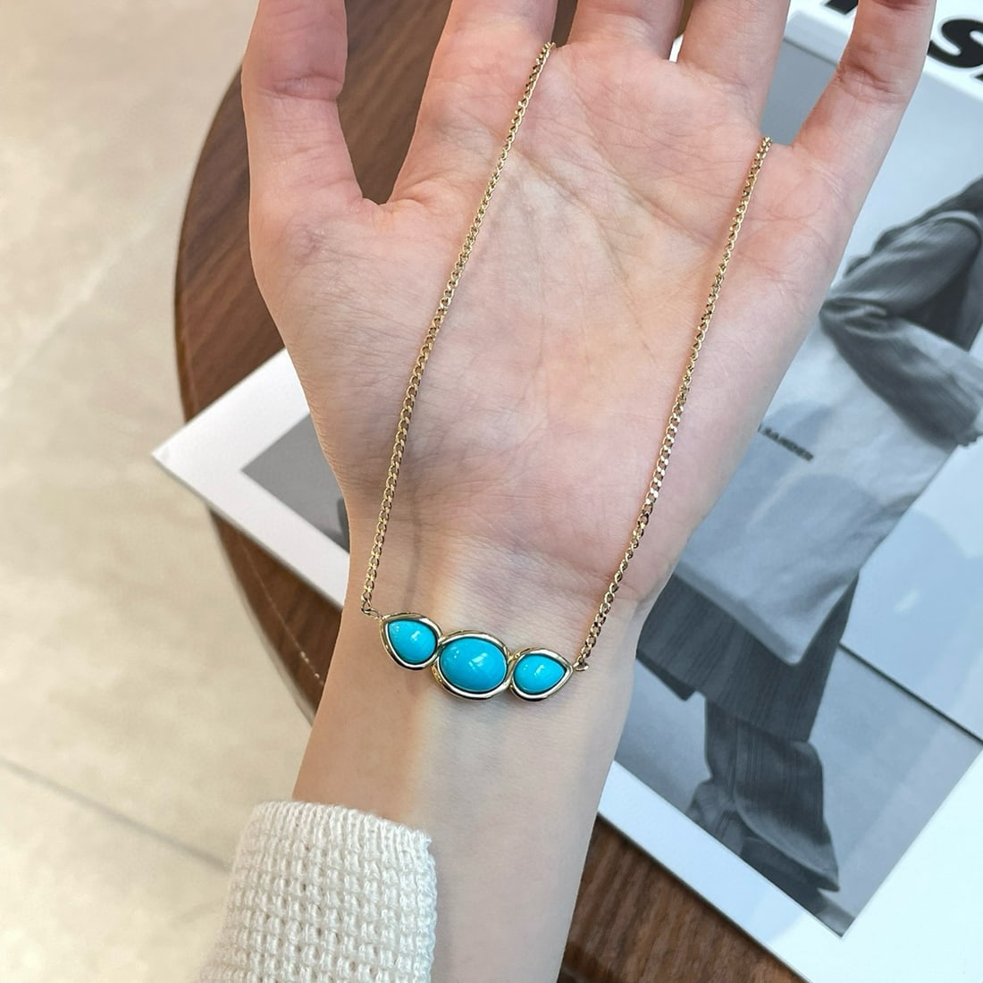 14k Gold 5 Ct Natural Blue Turquoise Necklace - 4