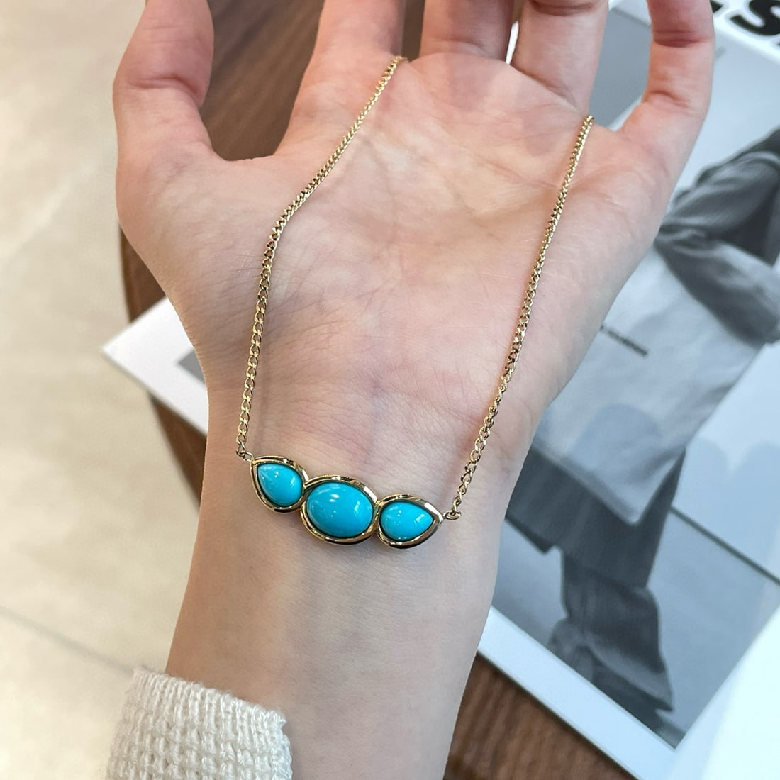 14k Gold 5 Ct Natural Blue Turquoise Necklace - 5