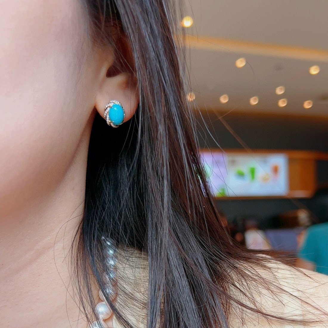14k Gold 3.66 Ctw Natural Blue Turquoise & Diamond Earrings - 4