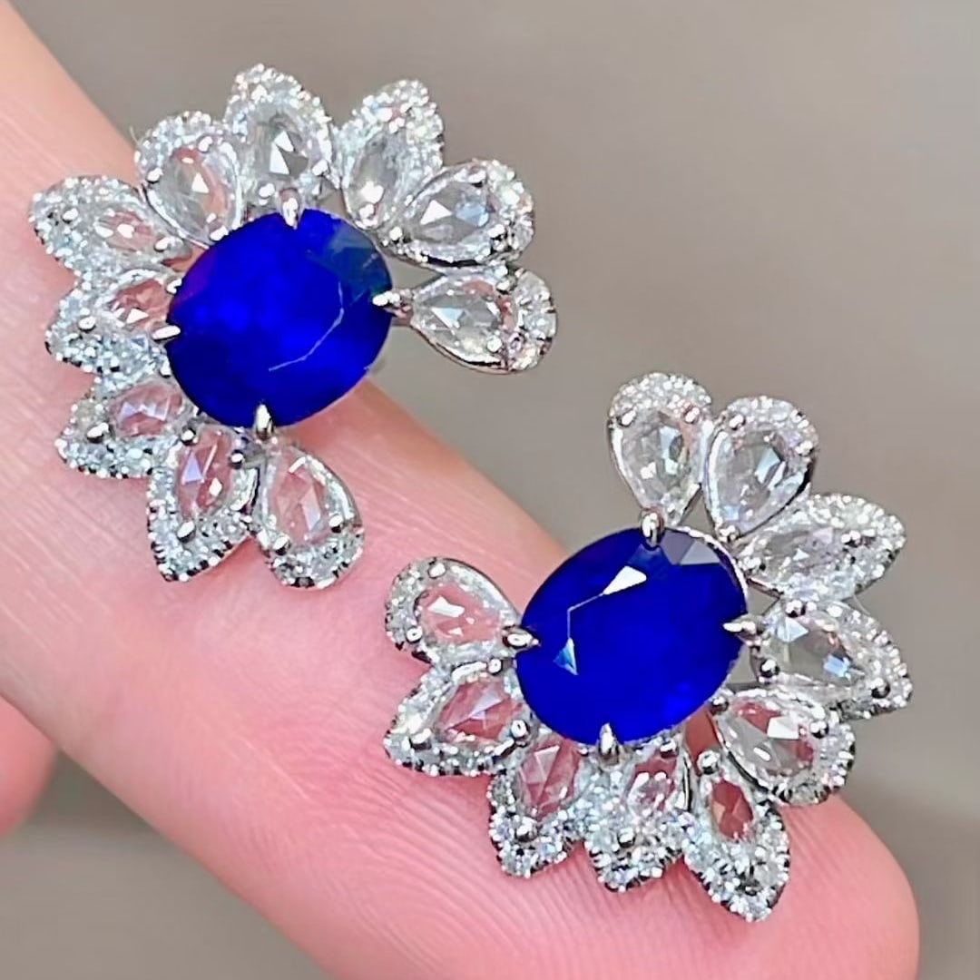 14k Gold 2.02 Ct Natural Sapphire & Diamond & Sapphire Earrings - 2