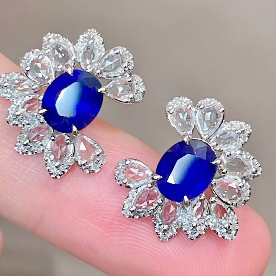 14k Gold 2.02 Ct Natural Sapphire & Diamond & Sapphire Earrings - 3