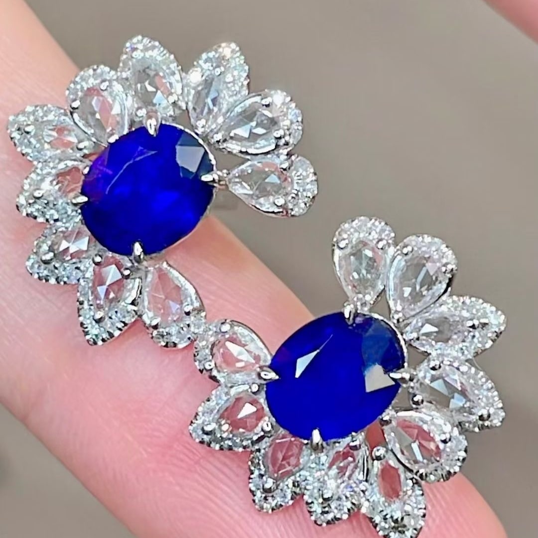 14k Gold 2.02 Ct Natural Sapphire & Diamond & Sapphire Earrings - 4