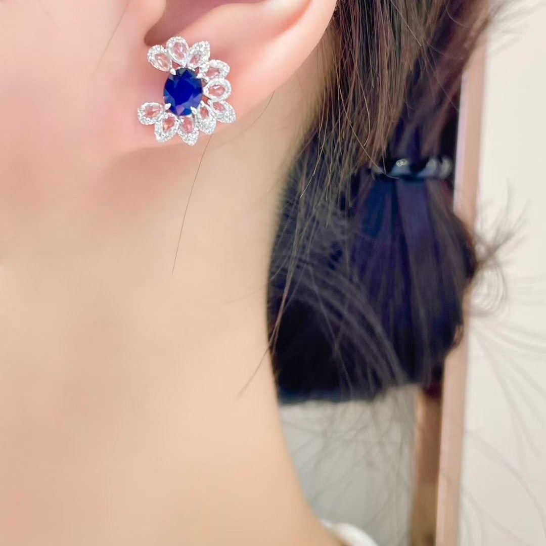 14k Gold 2.02 Ct Natural Sapphire & Diamond & Sapphire Earrings - 5