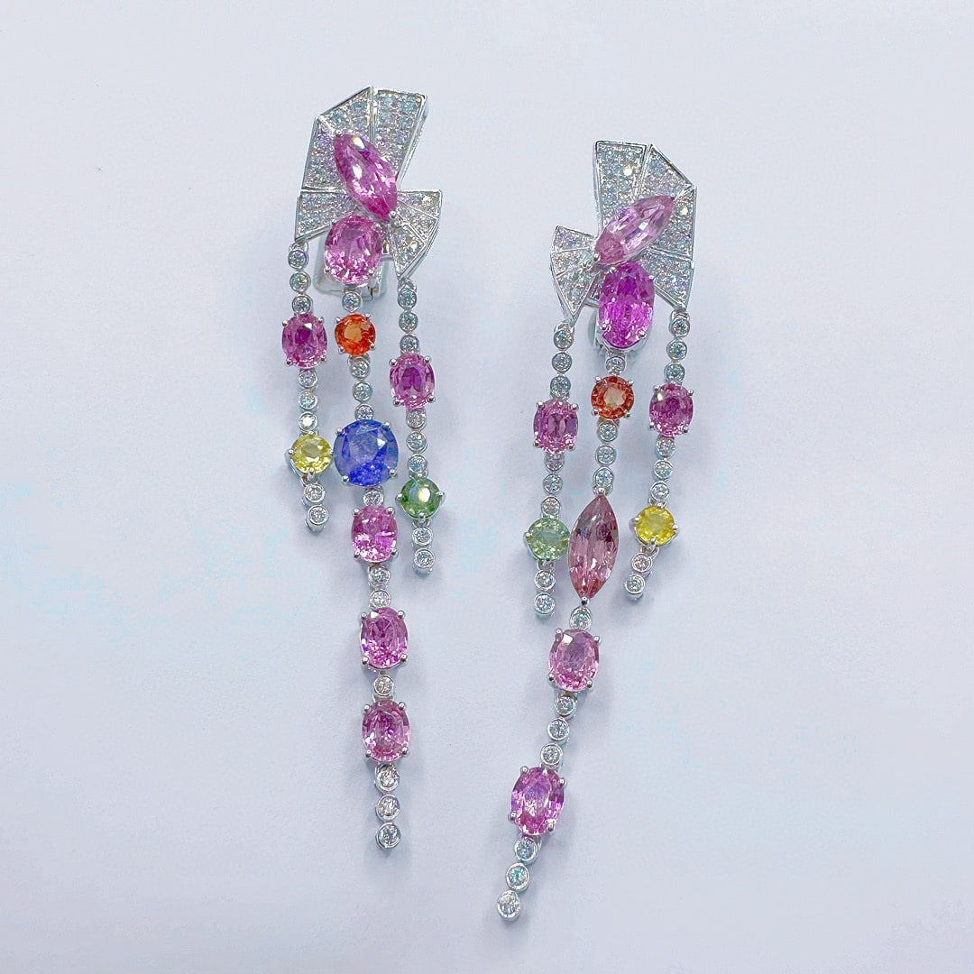 14k Gold 11.92 Ctw Natural Sapphire & Diamond Earrings: Ref:231078002 // gold content:14k gold // main gemstone:sapphire // shape:multiple // carat weight:10. 83ct // color:color // treatment:natural // // adjacent gemstone 2 : diamond // shape:round // ca