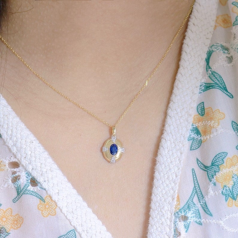 14k Gold 0.6 Ct Natural Sapphire & Diamond Pendant( Without Chain ) - 6