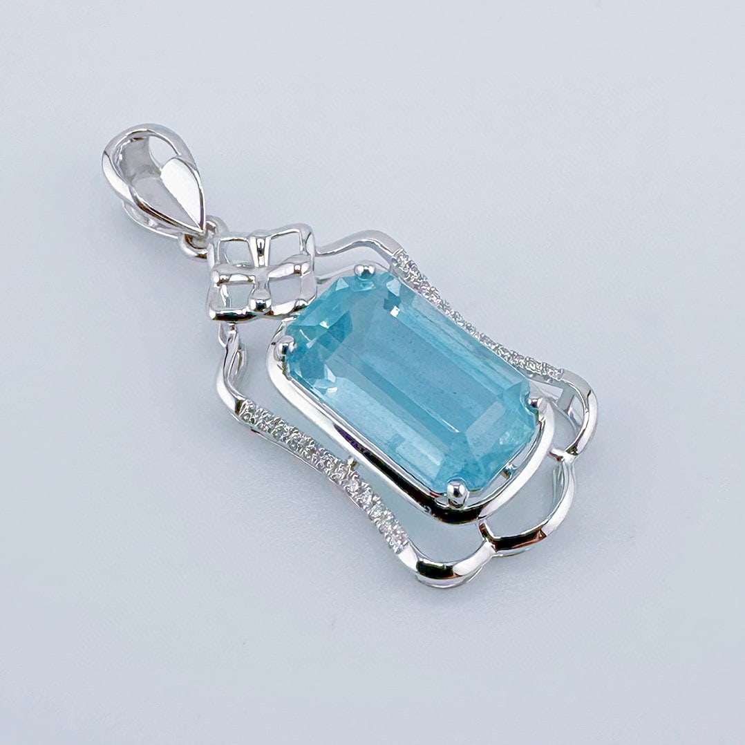 14k Gold 3.19 Ctw Natural Aquamarine & Diamond Pendant( Without Chain ) - 3