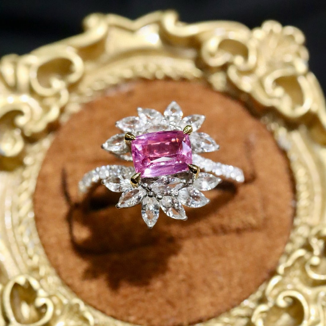 14k Gold 0.92 Ctw Natural Sapphire & Diamond Ring: Ref:231078070 // gold content:14k gold // ring size:7. 25us // // main gemstone:sapphire // shape:cushion // carat weight:0. 80ct // color:pink // treatment:natural // // adjacent gemstone 2 :