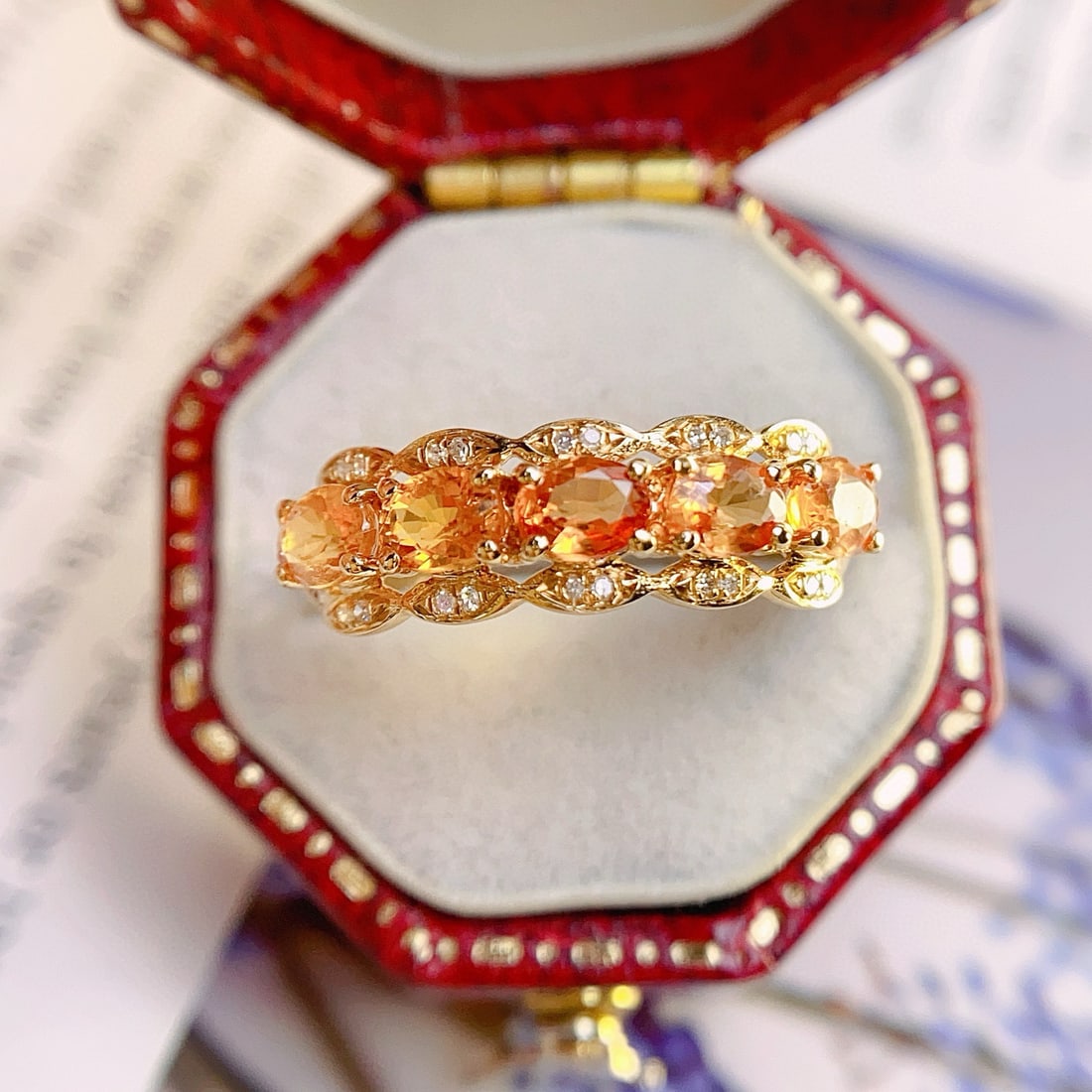 14k Gold 1.46 Ct Natural Sapphire & Diamond Ring: Ref:231078075 // gold content:14k gold // ring size:7. 25us // // main gemstone:sapphire // shape:oval // carat weight:1. 46ct // color:orange // treatment:natural // // adjacent gemstone 2 : diamond