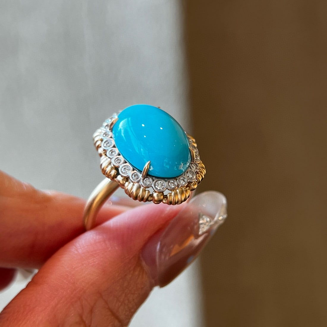 14k Gold 4.93 Ctw Natural Turquoise & Diamond Ring - 2