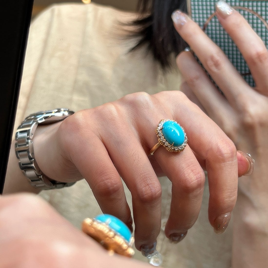 14k Gold 4.93 Ctw Natural Turquoise & Diamond Ring - 4