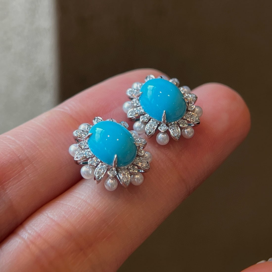 14k Gold 3.80 Ctw Natural Turquoise & Diamond Earrings - 2