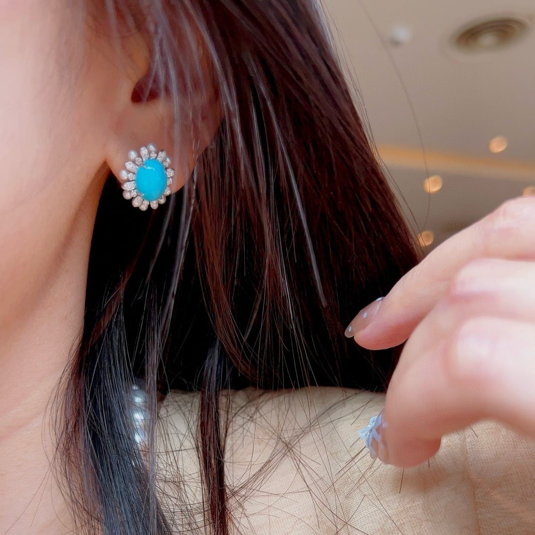14k Gold 3.80 Ctw Natural Turquoise & Diamond Earrings - 4