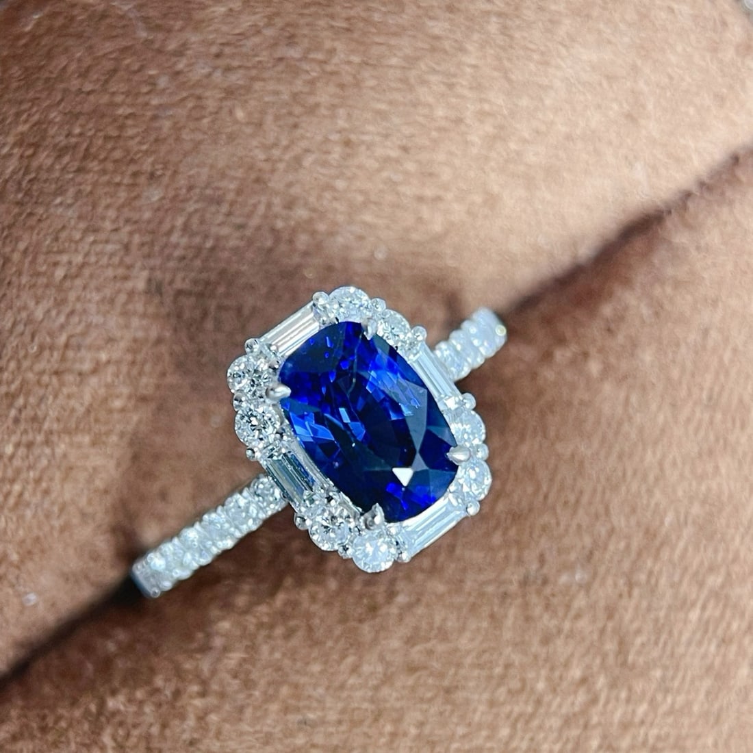 14k Gold 2 Ct Natural Sapphire & Diamond Ring: Ref:231078103 // gold content:14k gold // ring size:7. 25us // // main gemstone:sapphire // shape:cushion // carat weight:2ct // color:royal blue // treatment:natural // // adjacent gemstone 2 :