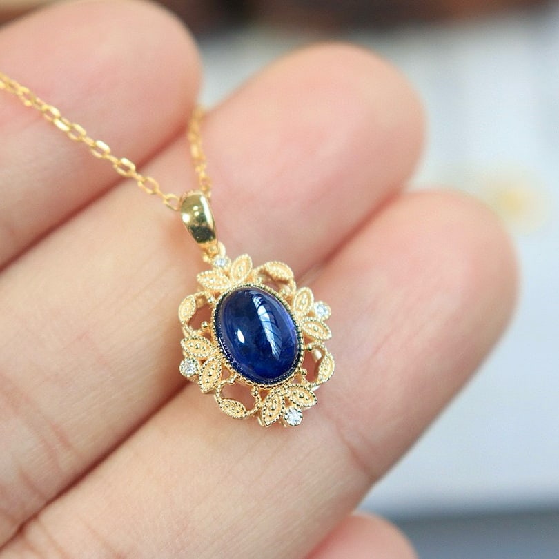 14k Gold 1.4 Ct Natural Sapphire & Diamond Pendant( Without Chain ) - 2