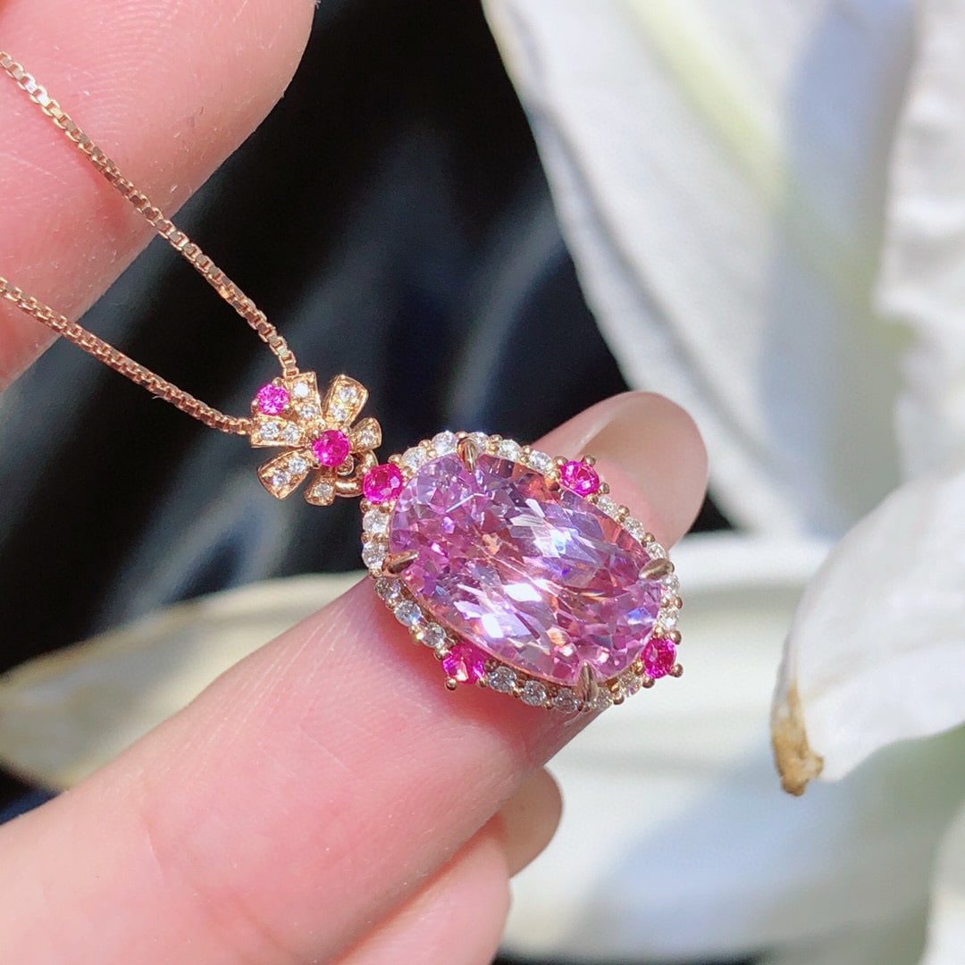 14k Gold 5.3 Ct Natural Kunzite & Diamond Pendant( Without Chain ) - 3