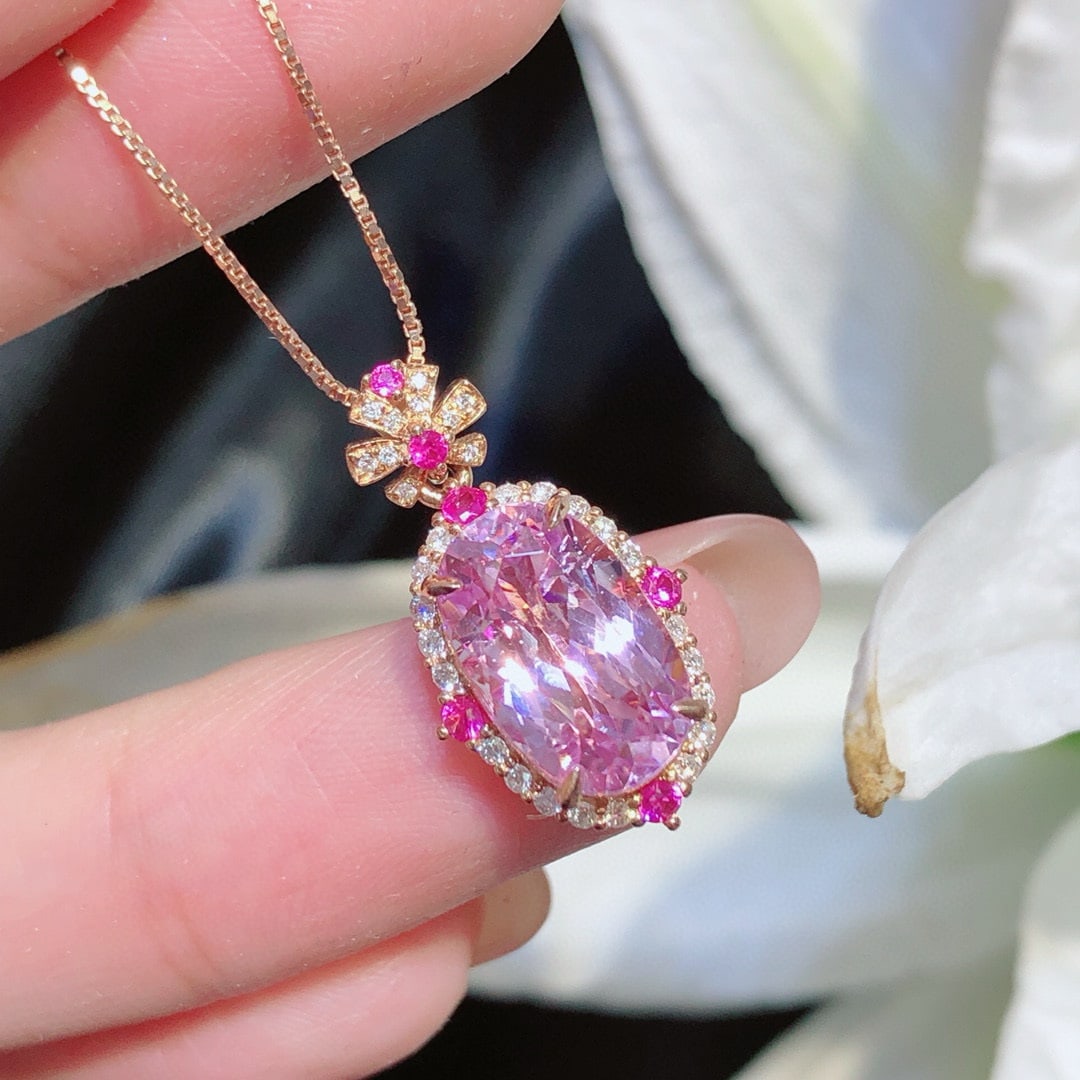 14k Gold 5.3 Ct Natural Kunzite & Diamond Pendant( Without Chain ) - 4