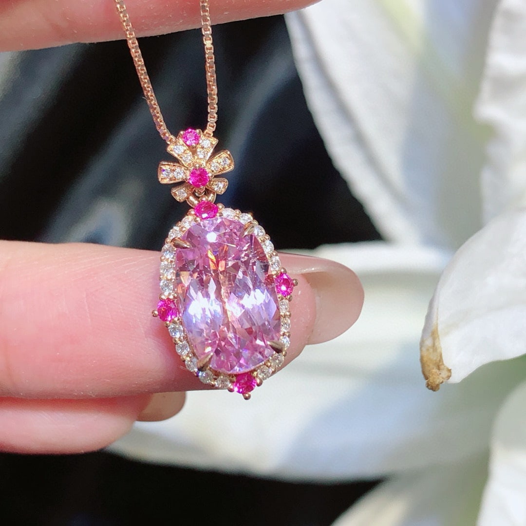 14k Gold 5.3 Ct Natural Kunzite & Diamond Pendant( Without Chain ) - 5