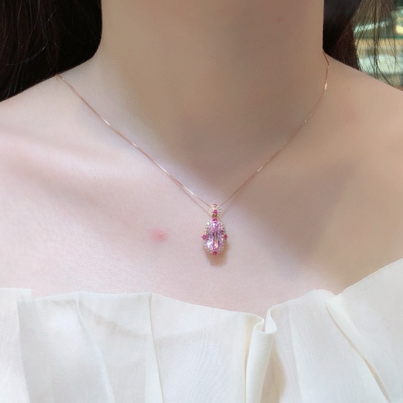 14k Gold 5.3 Ct Natural Kunzite & Diamond Pendant( Without Chain ) - 6