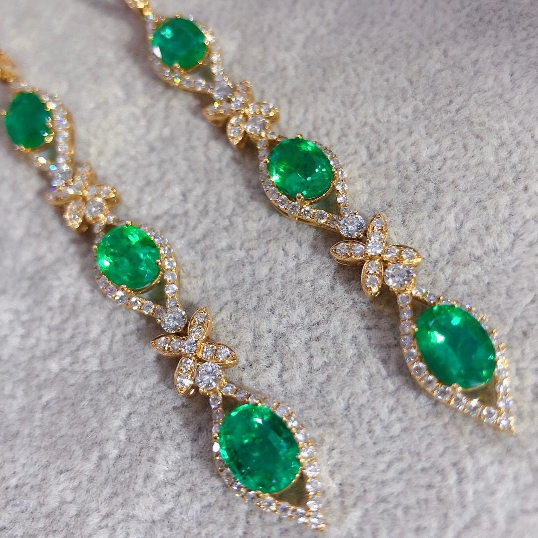 14k Gold 9.26 Ctw Vivid Green Natural Emerald & Diamond Earrings - 2