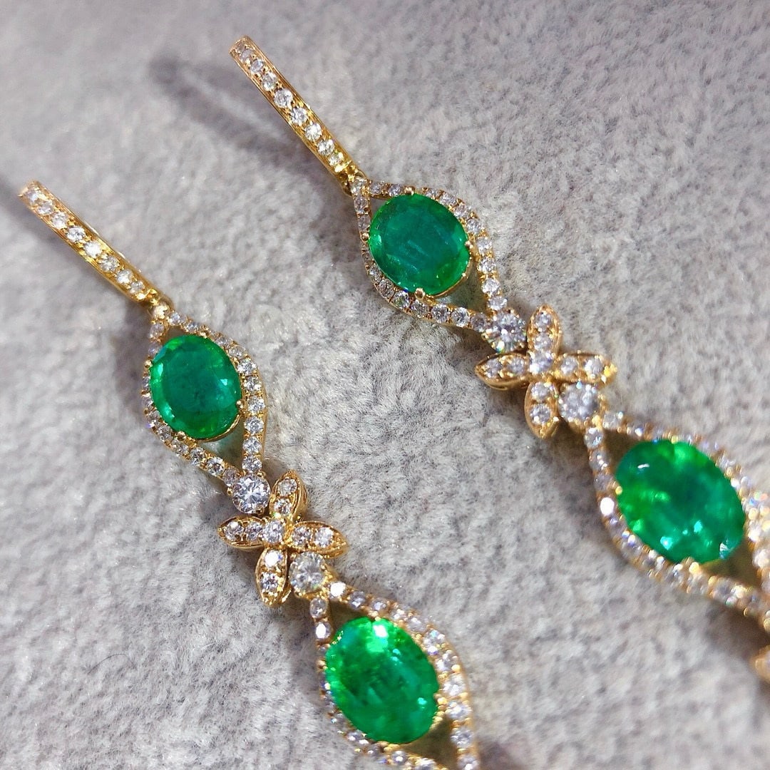 14k Gold 9.26 Ctw Vivid Green Natural Emerald & Diamond Earrings - 3