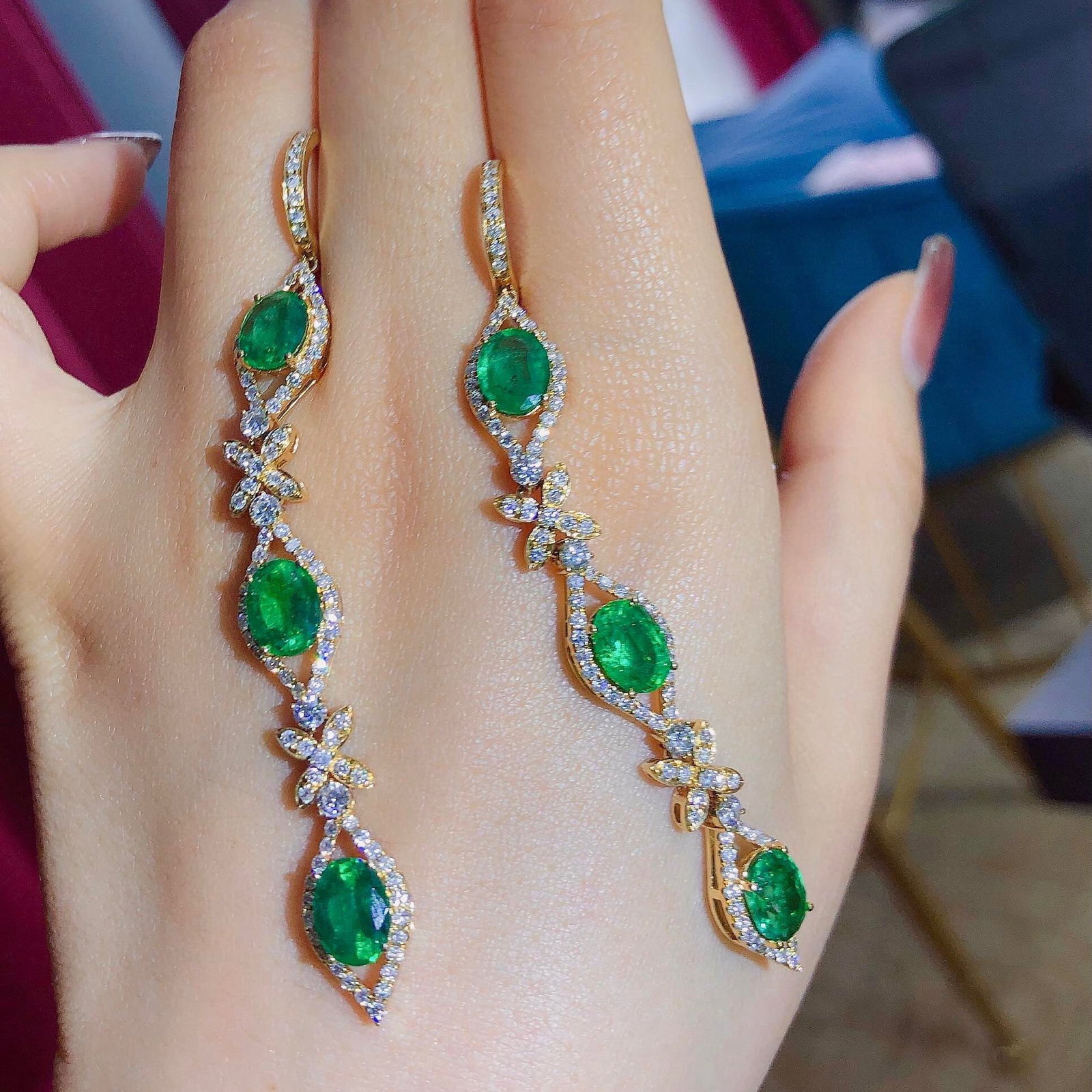 14k Gold 9.26 Ctw Vivid Green Natural Emerald & Diamond Earrings - 5