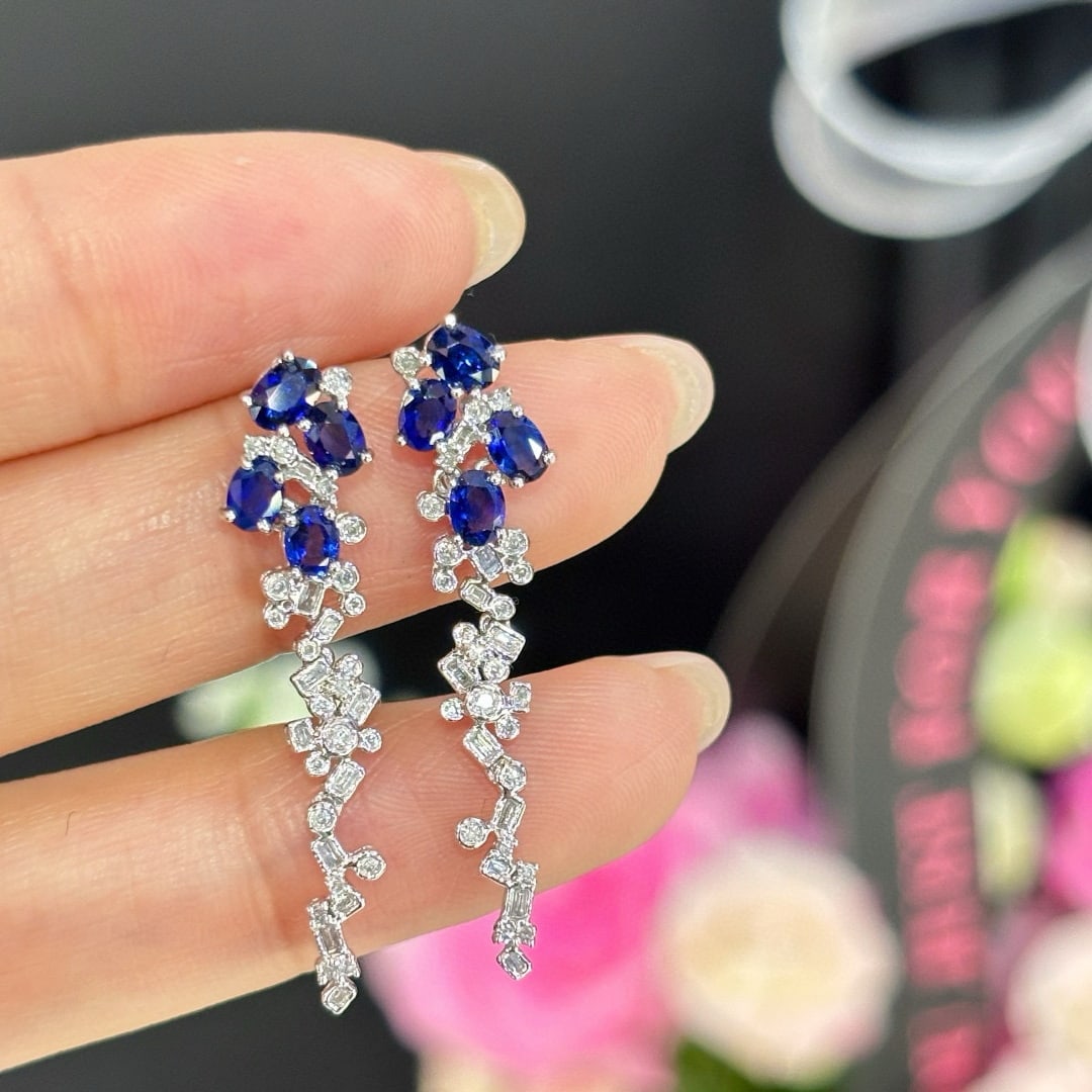 14k Gold 2 Ct Natural Sapphire & Diamond Earrings - 2
