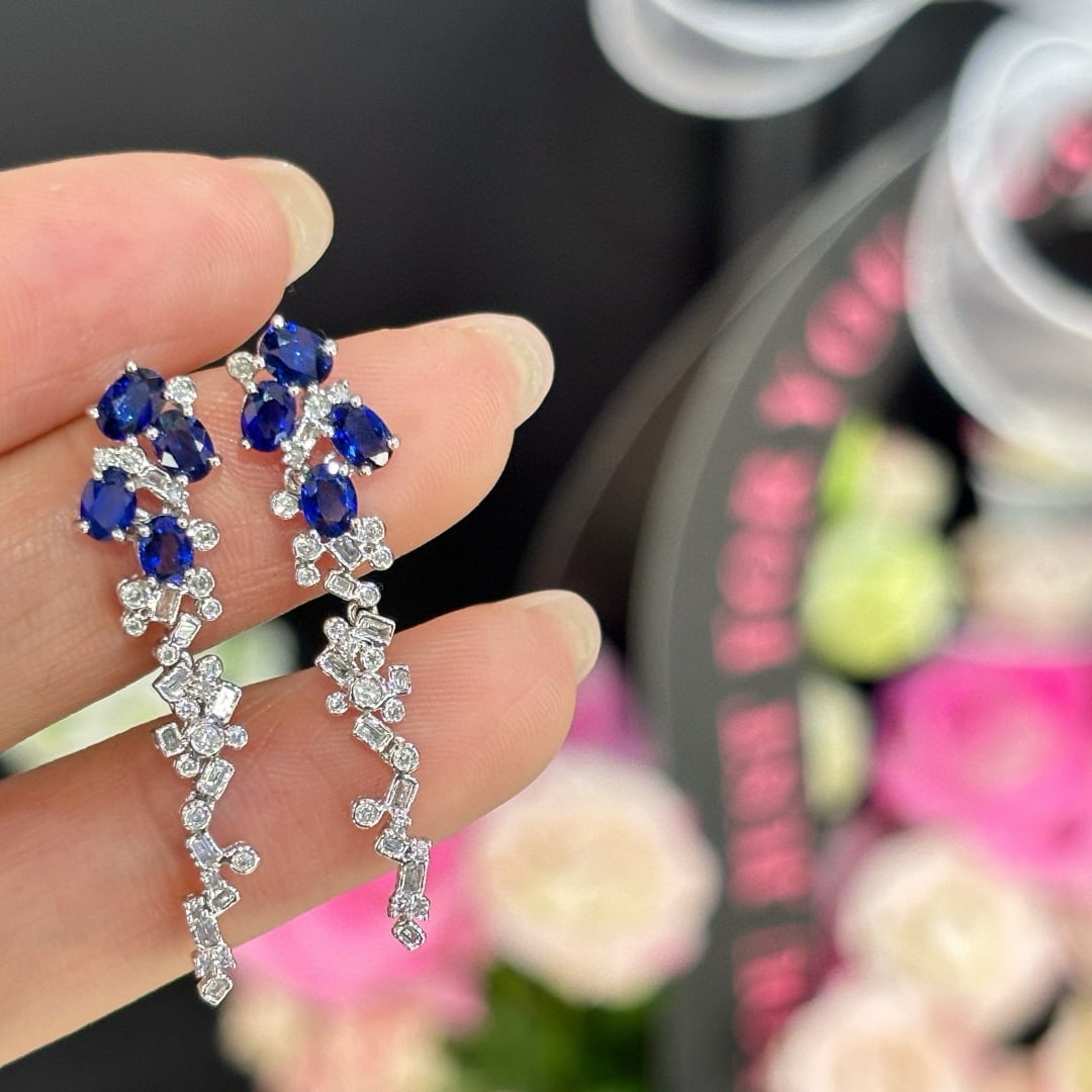 14k Gold 2 Ct Natural Sapphire & Diamond Earrings - 3