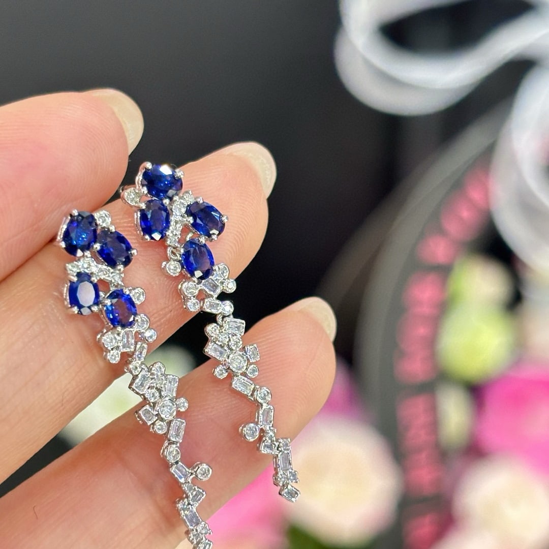 14k Gold 2 Ct Natural Sapphire & Diamond Earrings - 4