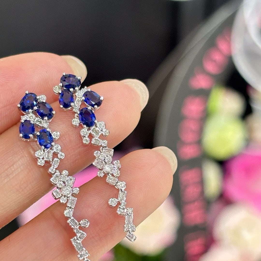 14k Gold 2 Ct Natural Sapphire & Diamond Earrings - 5