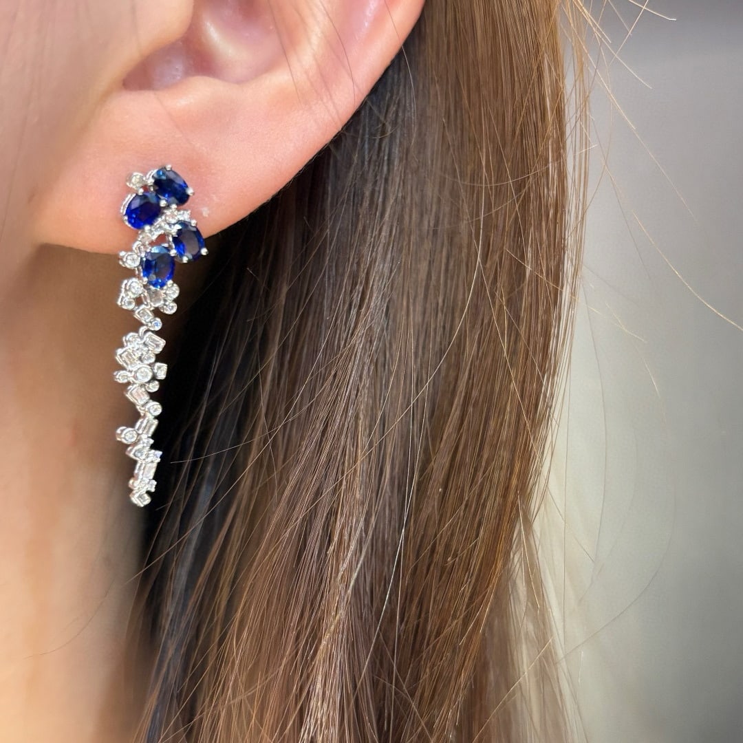 14k Gold 2 Ct Natural Sapphire & Diamond Earrings - 6