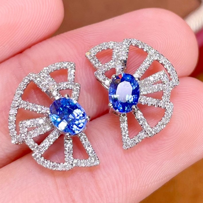 14k Gold 1 Ct Natural Sapphire & Diamond Earrings - 2