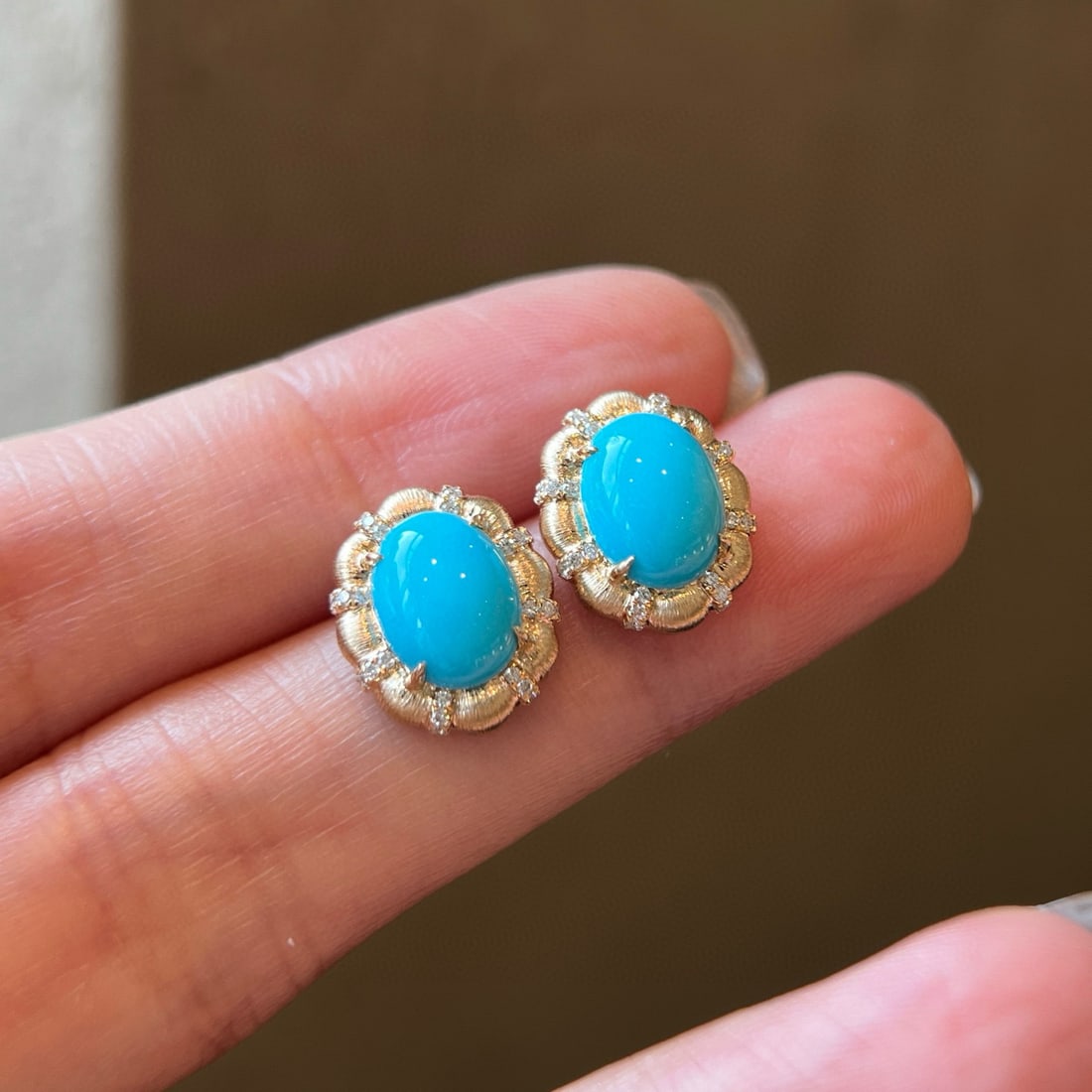 14k Gold 3.17 Ctw Natural Turquoise & Diamond Earrings - 2