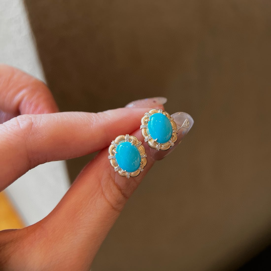 14k Gold 3.17 Ctw Natural Turquoise & Diamond Earrings - 3