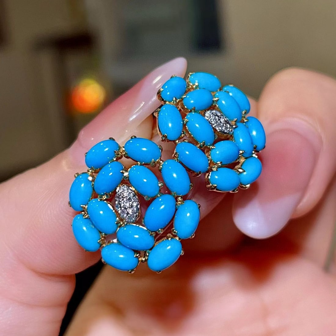 14k Gold 4.43 Ct Natural Turquoise & Diamond Earrings - 2