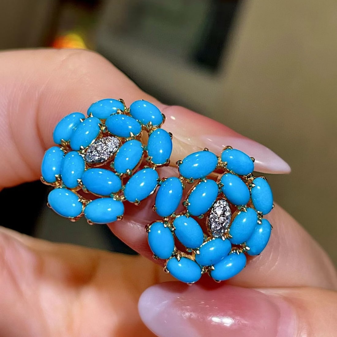 14k Gold 4.43 Ct Natural Turquoise & Diamond Earrings - 3