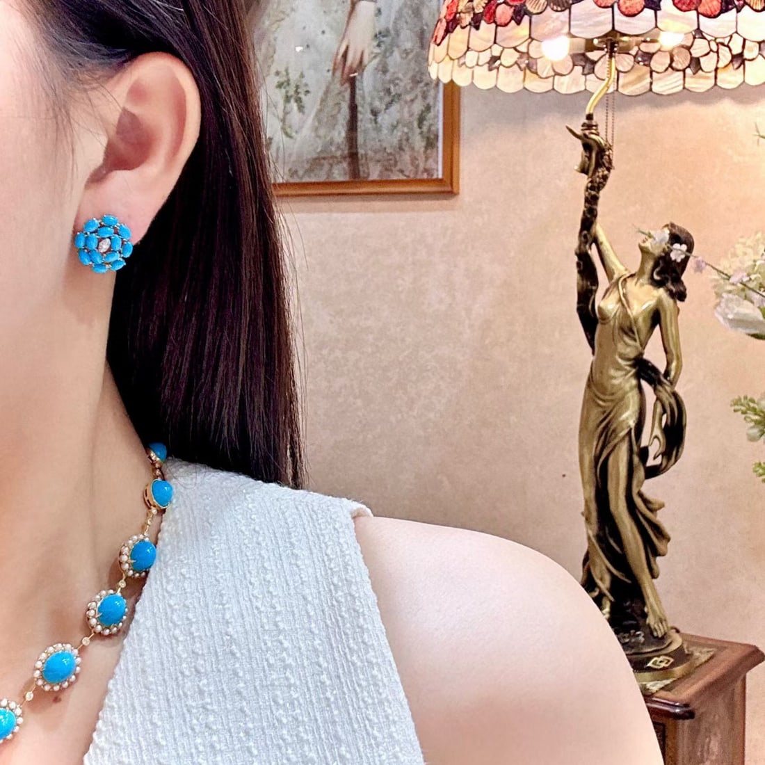 14k Gold 4.43 Ct Natural Turquoise & Diamond Earrings - 4