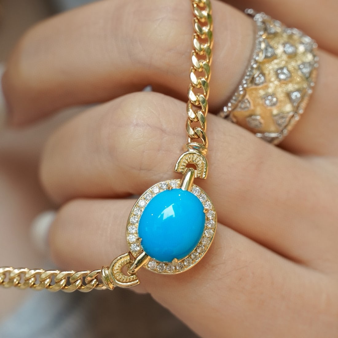14k Gold 4.13 Ctw Natural Turquoise & Diamond Necklace - 2