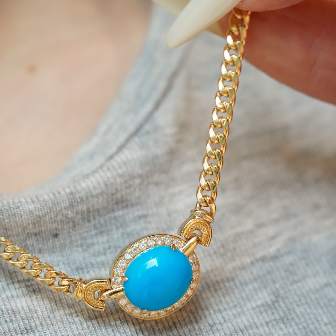 14k Gold 4.13 Ctw Natural Turquoise & Diamond Necklace - 4