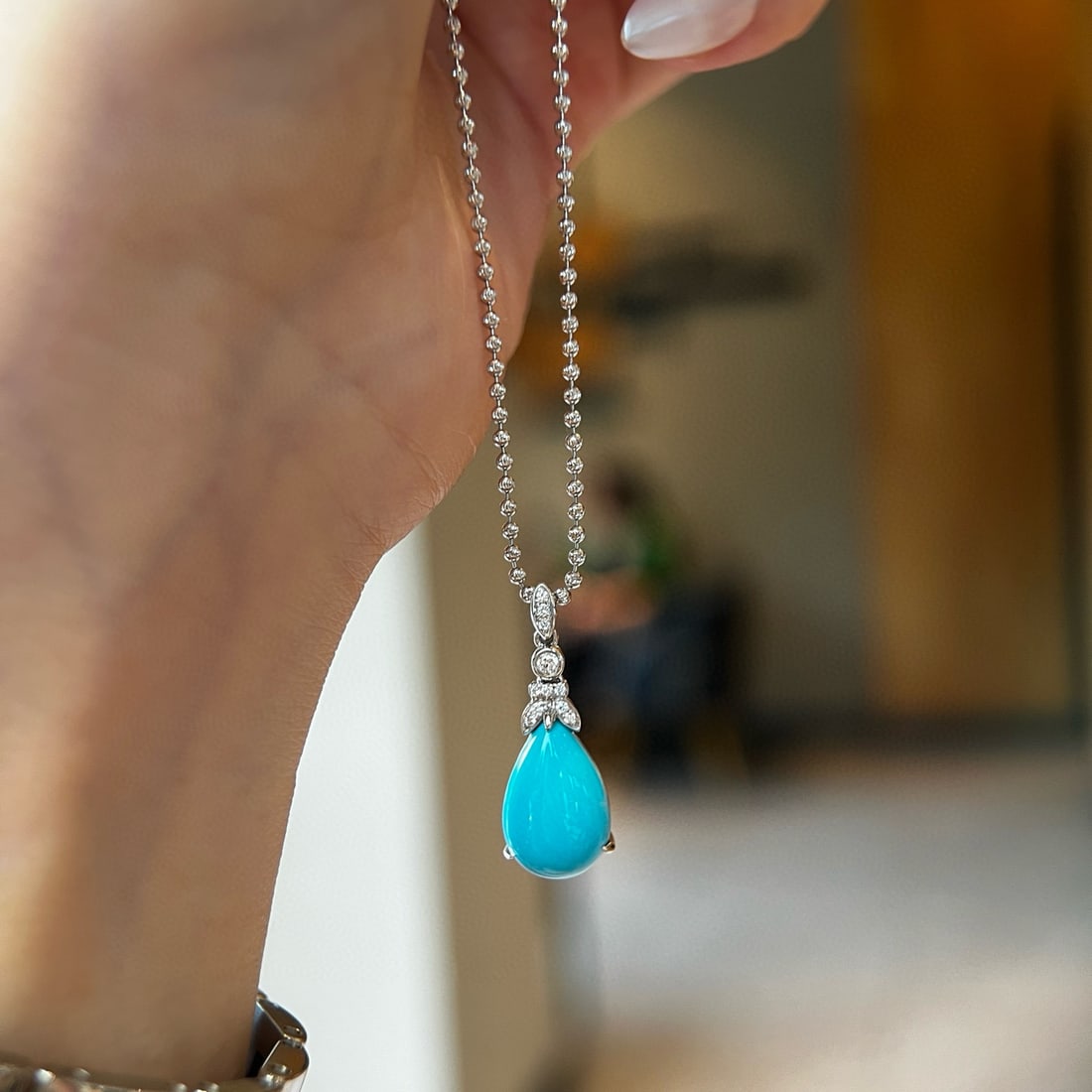 14k Gold 3.78 Ctw Natural Turquoise & Diamond Pendant( Without Chain ) - 2