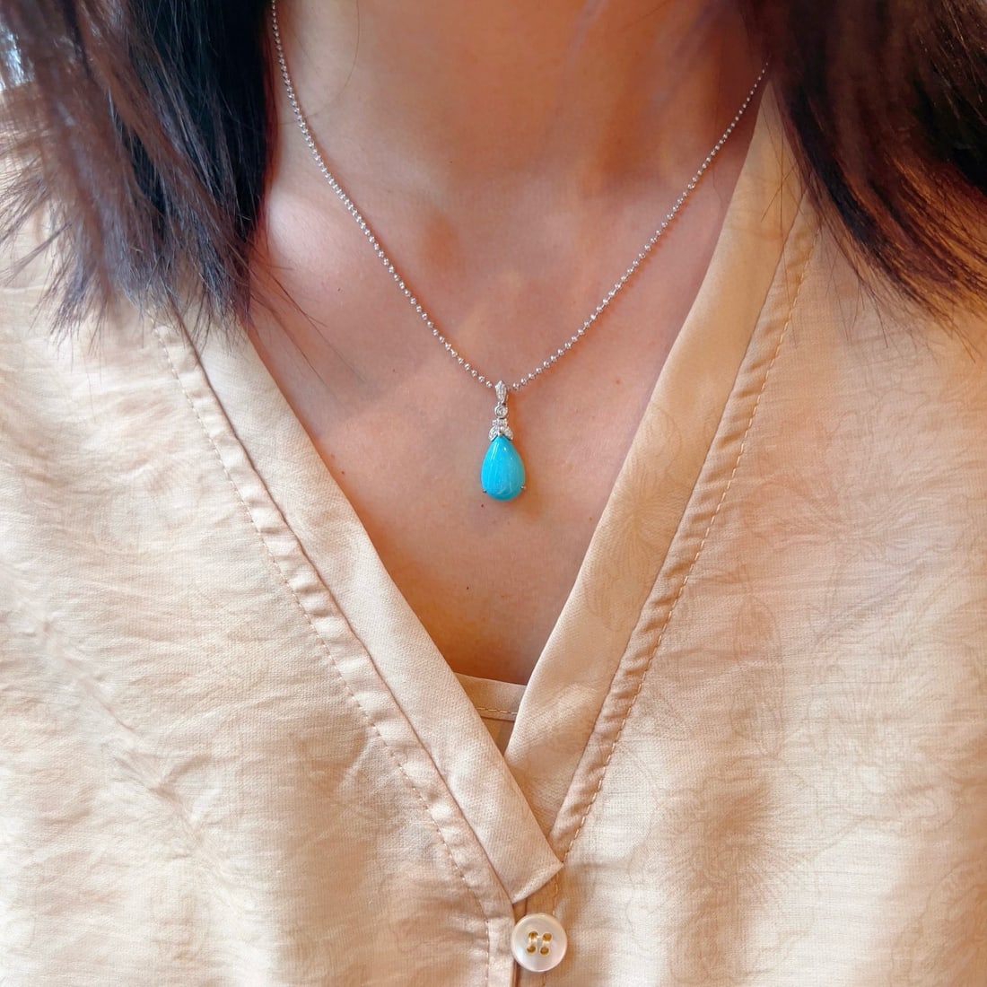 14k Gold 3.78 Ctw Natural Turquoise & Diamond Pendant( Without Chain ) - 3