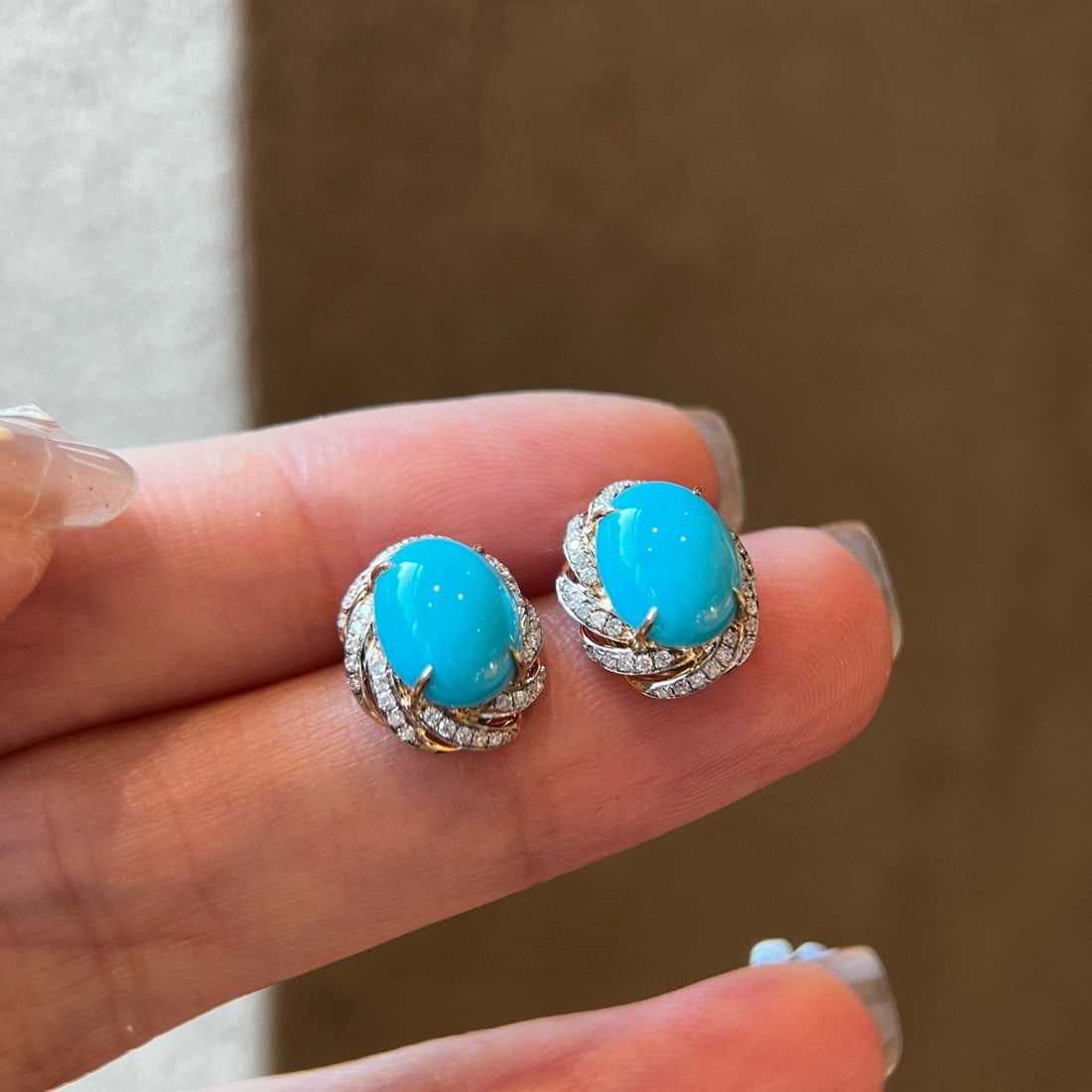 14k Gold 3.66 Ctw Natural Turquoise & Diamond Earrings - 2