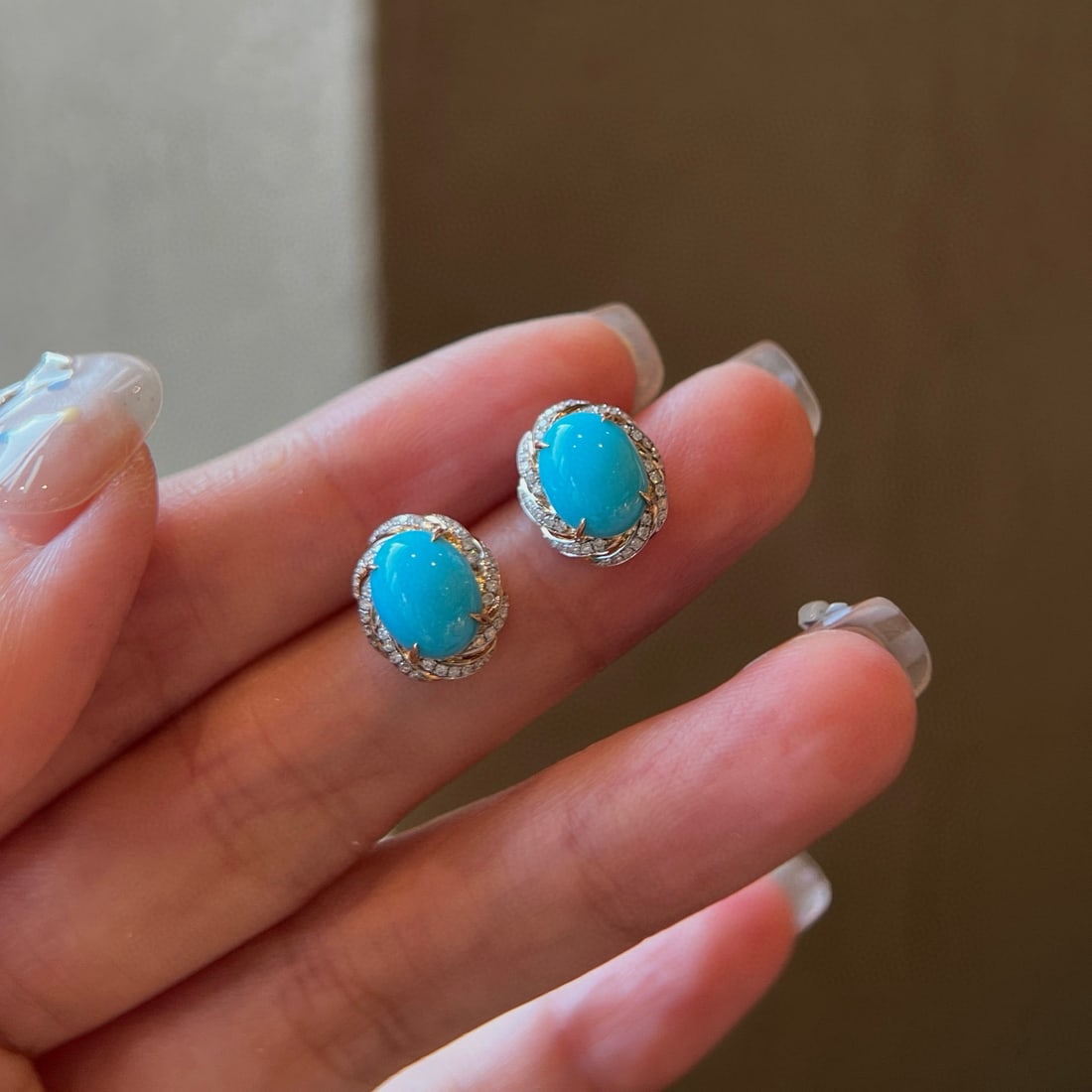 14k Gold 3.66 Ctw Natural Turquoise & Diamond Earrings - 3