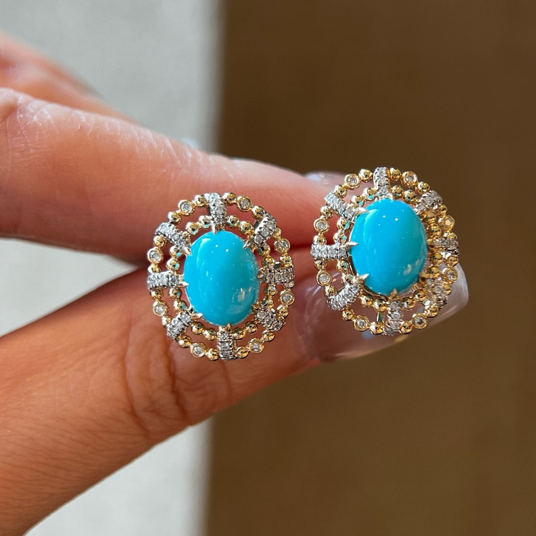 14k Gold 4.07 Ctw Natural Turquoise & Diamond Earrings: Ref:231078165 // gold content:14k gold // main gemstone:turquoise // shape:oval // carat weight:3. 80ct // color:blue // treatment:natural // // adjacent gemstone 2 : diamond // shape:round // carat