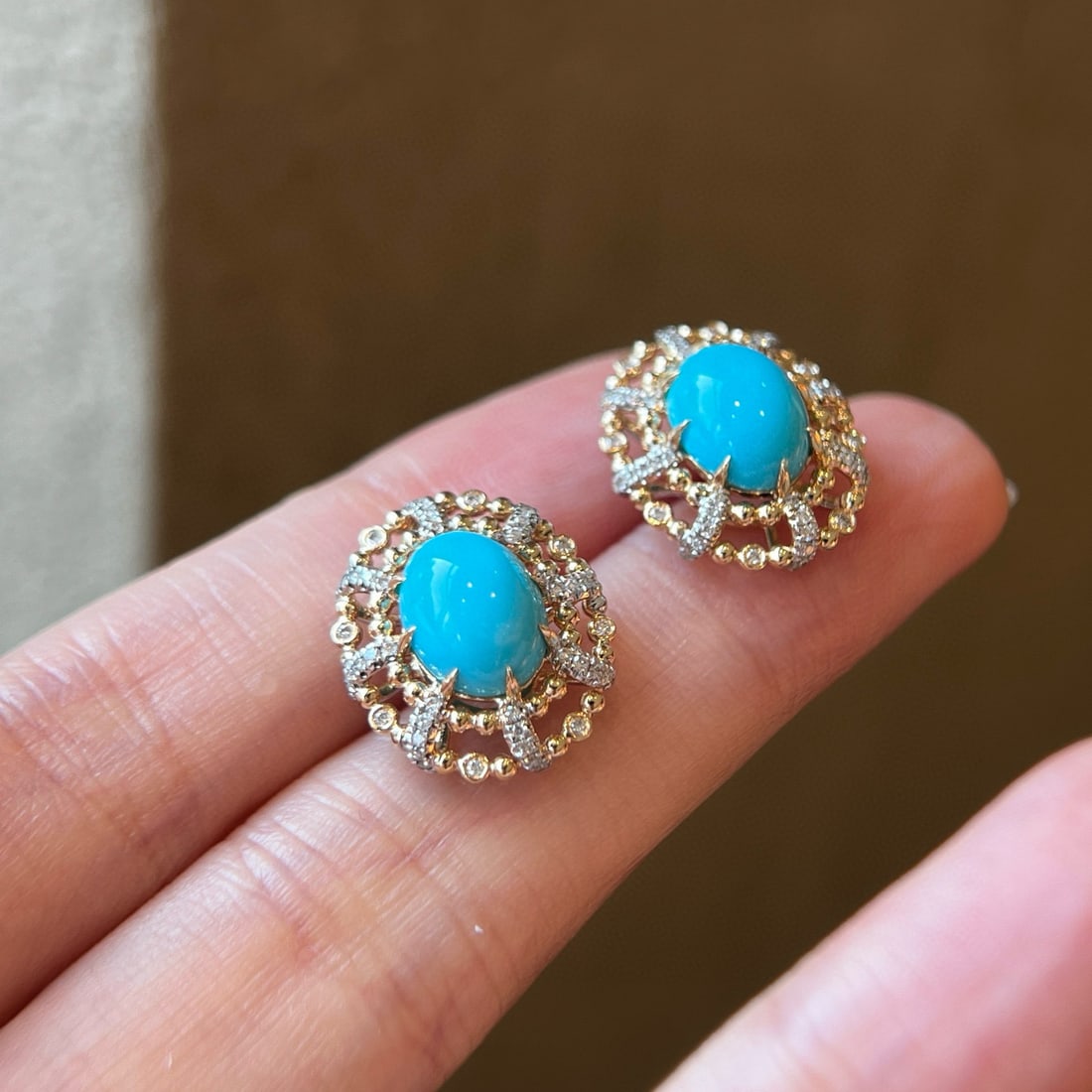 14k Gold 4.07 Ctw Natural Turquoise & Diamond Earrings - 2