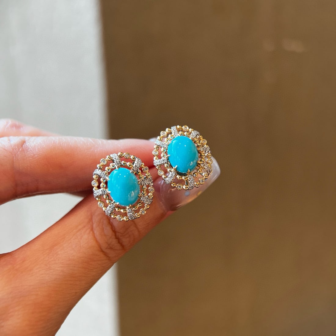 14k Gold 4.07 Ctw Natural Turquoise & Diamond Earrings - 3